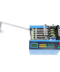 Automatic Heat Shrink Tube And Cable Cutting Machine With Programmable Digital Controls, blue and gray design, CNC panel for precise cutting.