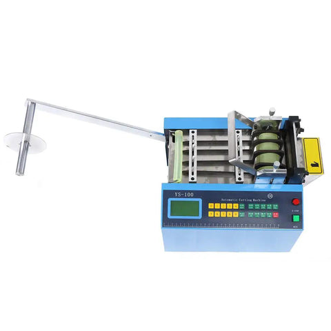 Automatic Heat Shrink Tube And Cable Cutting Machine With Programmable Digital Controls, blue and gray design, CNC panel for precise cutting.
