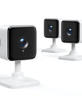 Three Indoor Security Camera And Baby Monitor All In One 1080P HD WiFi Setup With Night Vision, on white stands