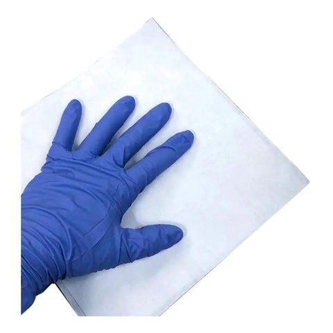 Top Tier Lint Free Nonwoven Cleanroom Wipes Iso Class 5 Rock Solid Absorbent Cellulose Polyester Blend 7 By 7 Inches bag shown with blue gloved hand.
