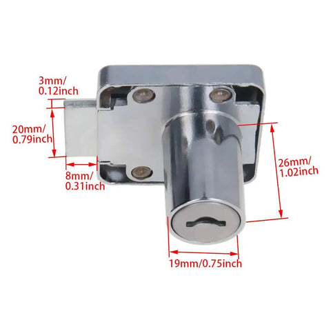 Solid As A Rock Zinc Alloy Square Cabinet Lock Nickel Plated Exterior with dimensions for 19 to 26mm boards for drawers.