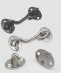 Heavy Duty Stainless Steel Gate Hook and Eye Latch for Barn Door Fence, black and stainless versions with screws for secure locking.