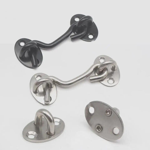 Heavy Duty Stainless Steel Gate Hook and Eye Latch for Barn Door Fence, black and stainless versions with screws for secure locking.