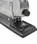 Close-up of the Inline And Straight Line Air Sander With Dual Piston Power, quick change tensioned paper clamps visible