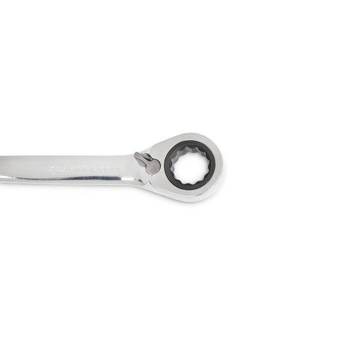 Close-up of XL X Beam Reversible Ratcheting Wrench 9 Piece SAE 12 Point Combination Tool with reversible box end in chrome finish.