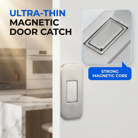 Ultra Thin No Drill Magnetic Cabinet Catch Set With Adhesive Stainless Steel Door Latch detail shown installed