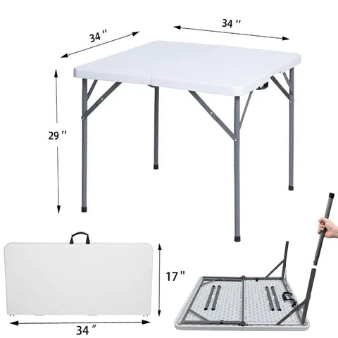 34-Inch Square Folding Table With Carrying Handle for indoor outdoor picnics, folded with handle, heavy-duty HDPE, dimensions shown.