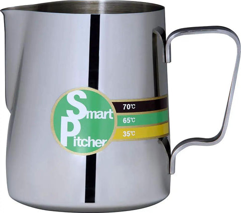 Espresso Milk Frothing Pitcher With Built In Thermometer And Thermo Indicator Color Coding Stainless Steel 20 Oz side view