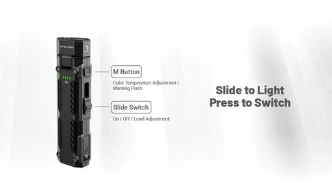 Ultra Bright 1600 Lumen EDC Flashlight With 102 Degree Swivel Head close-up showing M Button and Slide Switch functionality