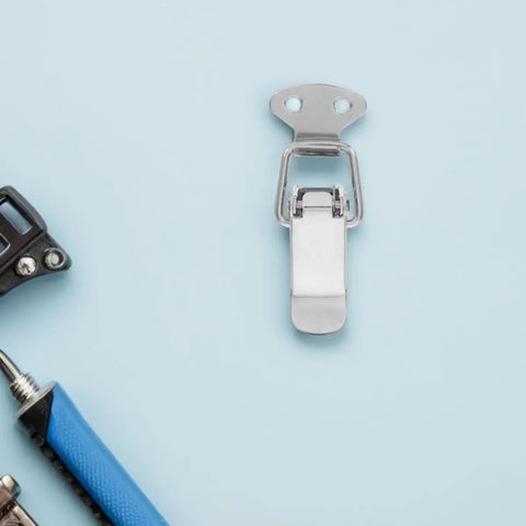 Heavy Duty Stainless Steel Spring Toggle Latches With Quick Release Handle And Sleek Silver Finish For Toolbox Truck Bed Case Outdoor Gear Travel Bag Secure Locking Storage 10 Pack on blue background.