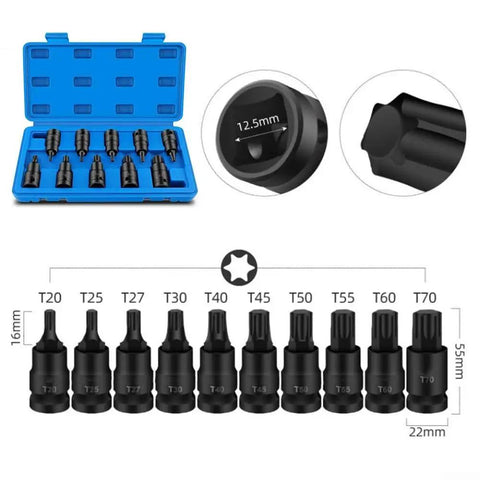 Cool 10-Piece Torx Socket Adapter Set With T20 To T70 Bits For Your 1/2 Inch Impact Wrench. chrome vanadium steel, 55mm, in blue case