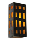 Slick One Light Grid Wall Sconce Featuring Bold Asymmetrical Fused Glass Panels In A Sharp Gunmetal And Tangelo Finish Handcrafted For Top Shelf Home Decor And Fresh Ambient Room Lighting Made Right Here In The USA, showcasing a black rectangular body with orange glass sections.