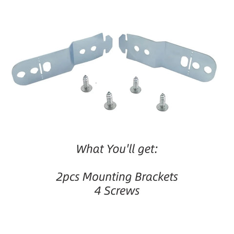 Heavy Duty Dishwasher Mounting Bracket Kit 2 Pack For Under Counter Installations Secure Your Dishwasher In Bosch Thermador Kenmore And Gaggenau Models Includes 4 Screws For Quick Install, showing two brackets and four screws displayed on a white background.