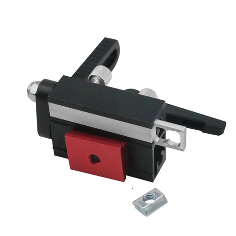 Precision Adjustable Fence Flip Stop With Miter Track Stop And Heavy Duty Aluminum T Slot Stop, red and black, for woodworking accuracy.