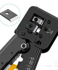 Close-up of RJ45 crimp tool with focus on replacement blade, showing 8-pin cavity design, part of 5 pack for professional use.