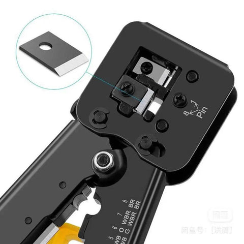 Close-up of RJ45 crimp tool with focus on replacement blade, showing 8-pin cavity design, part of 5 pack for professional use.