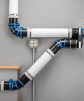 Articulating Dust Collection Fittings for 4 Inch Hose adjustable from straight to 90 degree installed on a wall with connectors