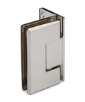 Beefy Heavy Duty Adjustable 90 Degree Wall Glass Hinge With Offset Backplate For Glass Doors Up To Three Eighths Or One Half Inch Thick, Max 36 Inches Wide And 150 Pounds, Self Closing Within About Twenty Five Degrees, Polished Nickel Finish