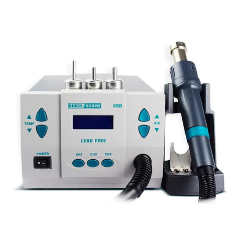 861DW 1000W Hot Air Rework Station with 3 nozzles and digital display, auto sleep function, ideal for PCB chip repair.