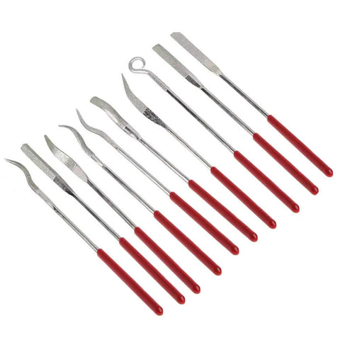 10 Pcs Assorted Mini Diamond File Set With Flat Needle Round Square Hook Rifler Files For Metalworking Jewelers Glass Wood Carving And Craft Projects For DIYers Pro Grade Durable Diamond Coated Tips 140mm Length displayed with red handles.