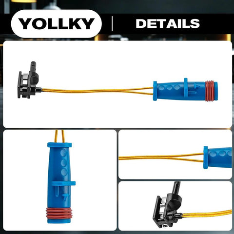Blue brake pad wear sensor with yellow wires and red seal; front and rear fit, 4-pack