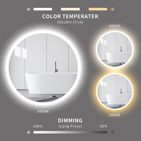 Slick Round 28 Inch LED Bathroom Mirror With Motion Sensor Dimmable Lights Anti Fog IP44 Waterproof Wall Mounted Vanity Mirror