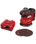 Cordless 20 Volt Brushless Random Orbital Sander Kit With 2 Amp Battery Charger Dust Bag And Sandpaper Packs, 3 sandpaper discs included.
