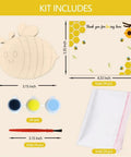 Bee Birthday Party Decor Kit With 24 Wooden Bee Craft Kits To Paint featuring wood bee shapes, paints, brushes, and cards.
