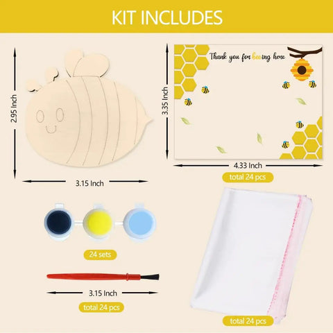 Bee Birthday Party Decor Kit With 24 Wooden Bee Craft Kits To Paint featuring wood bee shapes, paints, brushes, and cards.