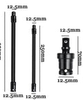 Half Inch Flexible Shaft Extension Bar For Impact Wrench And Ratchet, Built Tough Torque Socket Extender, three sizes with dimensions.