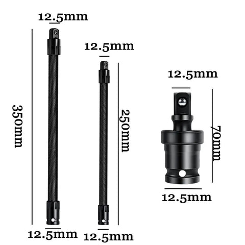 Half Inch Flexible Shaft Extension Bar For Impact Wrench And Ratchet, Built Tough Torque Socket Extender, three sizes with dimensions.