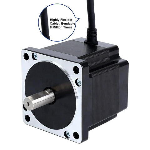 Front view of Nema 34 stepper motor with silver faceplate and black housing, shaft protrudes, cable attached.