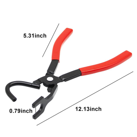 Front view: Exhaust hanger removal tool with red grips, black metal construction, 12.13in long