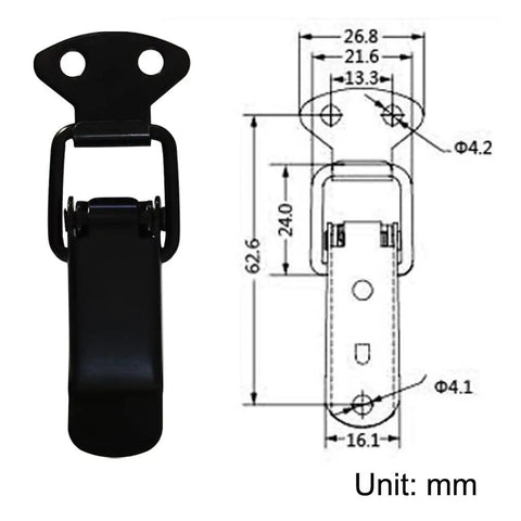 Image of a 4 Pack Matte Black Spring Loaded Toggle Latch Clips with technical drawing, 4.2mm mount hole, 73.5mm length
