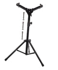 Heavy Duty Folding Drum Practice Stand Built With Beefy Alloy Rails Quick Snap Mallet Dock, displaying its adjustable black aluminum frame.