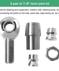 Heavy Duty 7/8 Inch Heim Joint Rod End Kit With 0.875 Threads For Custom Suspension Linkages shows pair of chrome rod ends and spacers.