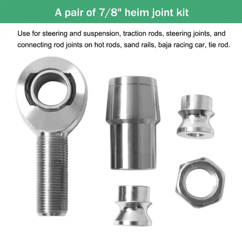 Heavy Duty 7/8 Inch Heim Joint Rod End Kit With 0.875 Threads For Custom Suspension Linkages shows pair of chrome rod ends and spacers.