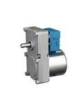 Straight Up Heavy Duty 220V AC Synchronous Gear Motor With Beefy Torque Output And A Compact Round Shaft Design That Powers Heavy Loads At A Steady 2 Rpm. Side view of a robust gray motor with blue connector.