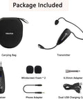 Package contents of Waterproof Wireless Headset Microphone System for Fitness Instructors and Online Teaching with adapters and case