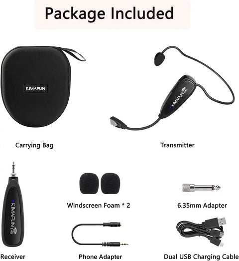 Package contents of Waterproof Wireless Headset Microphone System for Fitness Instructors and Online Teaching with adapters and case