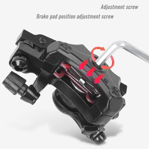Complete Mechanical Disc Brake Kit With Dual Front And Rear Aluminum Calipers Paired To 160 Mm Stainless Rotors close-up of adjustment screw on caliper