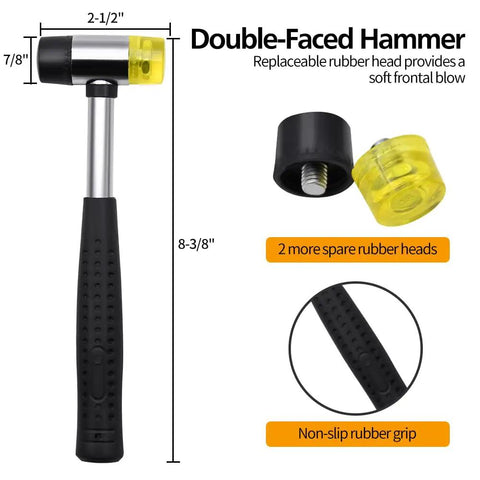 Pin Punch Set 14Pc Removing Repair Tools With Universal Block And Hammer featuring double-faced rubber head hammer with spare heads.