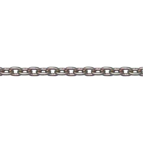 Rock Solid Grade 70 Transport Chain 3/8 Inch By 400 Feet Long Features 6600 Lbs Working Load Limit With Gold Chromate Finish, showing links.
