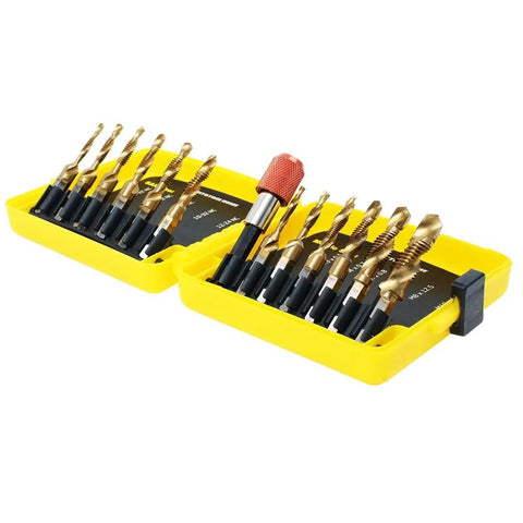 Titanium drill and tap bit set, 13-piece, yellow case with SAE and metric taps
