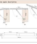 Installation angle diagram for Top Shelf Heavy Duty Gas Struts 2 Pack For Cabinet Doors And Toy Box Lids 150N 33lbs Force.
