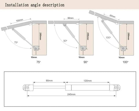 Installation angle diagram for Top Shelf Heavy Duty Gas Struts 2 Pack For Cabinet Doors And Toy Box Lids 150N 33lbs Force.