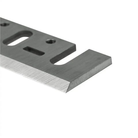 Premium High Speed Steel Planer Blades Set Of Two For DeWalt Bosch Makita Handheld Woodworking Tools showing sharp edge detail.