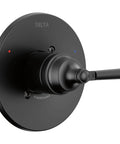 Matte Black Shower Valve Trim Kit With Single Handle Upgrade For Universal Shower Valve Systems Includes Monitor Pressure Balanced Cartridge Replacement Handle T14035BL Valve Not Included Rough In Sold Separately showcasing round wall plate and handle.