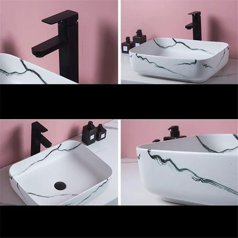 USZWBY Vanity Sink Imitation Marble Pattern Vessel Above Counter Basin Art Ceramic Bathroom Sink in modern bathroom setting.
