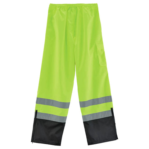 Hi Vis Rain Pants With Dirt Hiding Black Panels 2 Inch 3M Scotchlite Reflective ANSI ISEA 107 2020 Compliant Waterproof 300D Oxford Shell